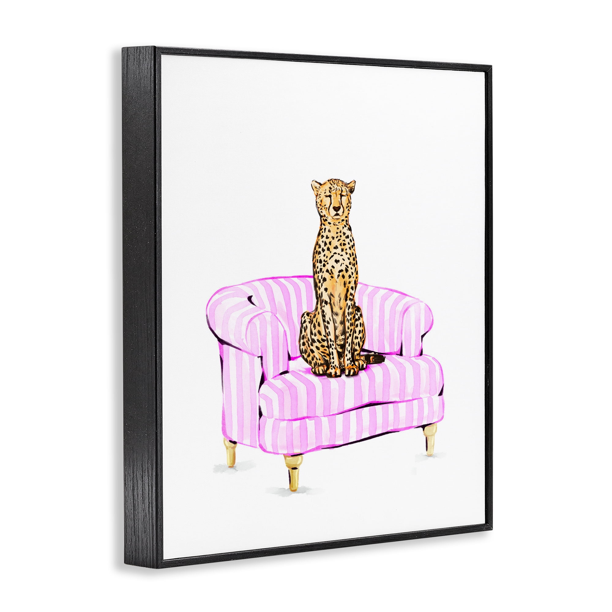 Cheetah on Pink Stripe Chair Black Framed Giclee Art, design by Ziwei Li