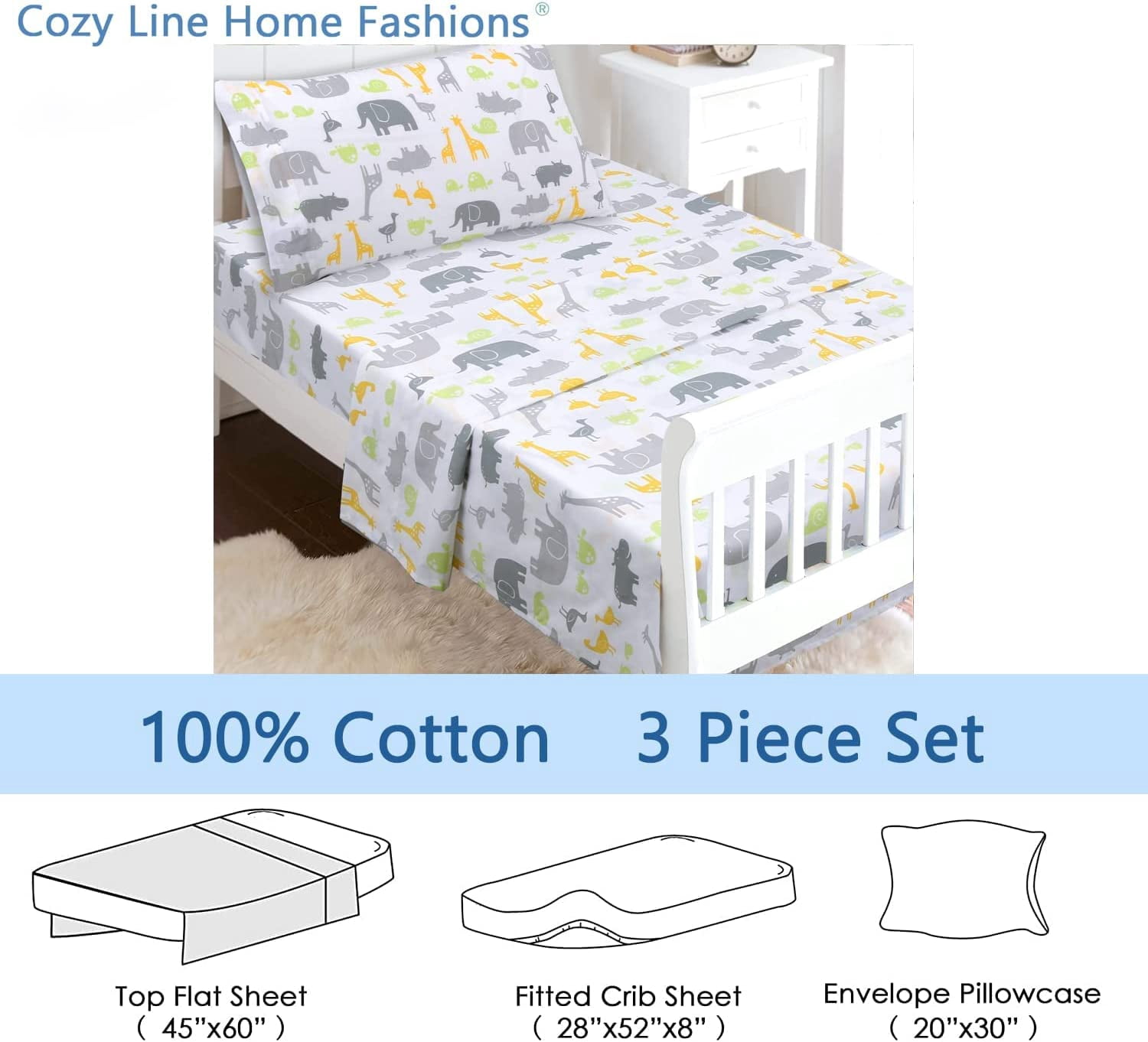 3-Piece Cotton Toddler Sheet Set for Kids Boys & Girls (Animals, Fish, Sports, Floral) SafariAnimals