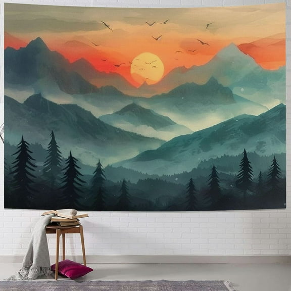 Creowell Mountain Tapestry, Sunset Tapestry Magical Forest Tree Tapestry Nature Tapestries Nature Landscape Wall Hanging Boho Home Decor for Bedroom Living Room Dorm Painting