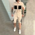 thumbnail image 2 of VBTAPA Men's 2 Piece Outfits Color Block Fashion Casual Tracksuit Short Sleeve Cotton Shirt and Shorts Set Summer Hipster Streetwear Limited Time Sales Beige S, 2 of 7