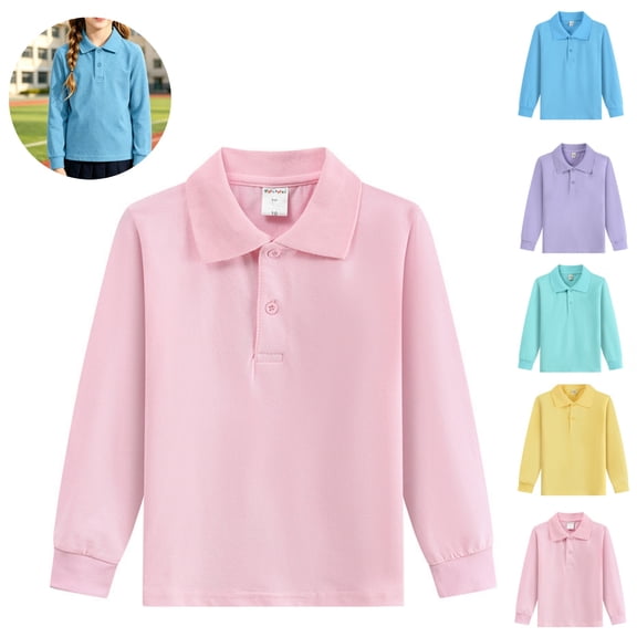 Mfakffe Boys Girls Polo Shirt Back To School Comfortable School Uniform Spring Fall Long Sleeve Shirts Casual Lapel Collar Shirt