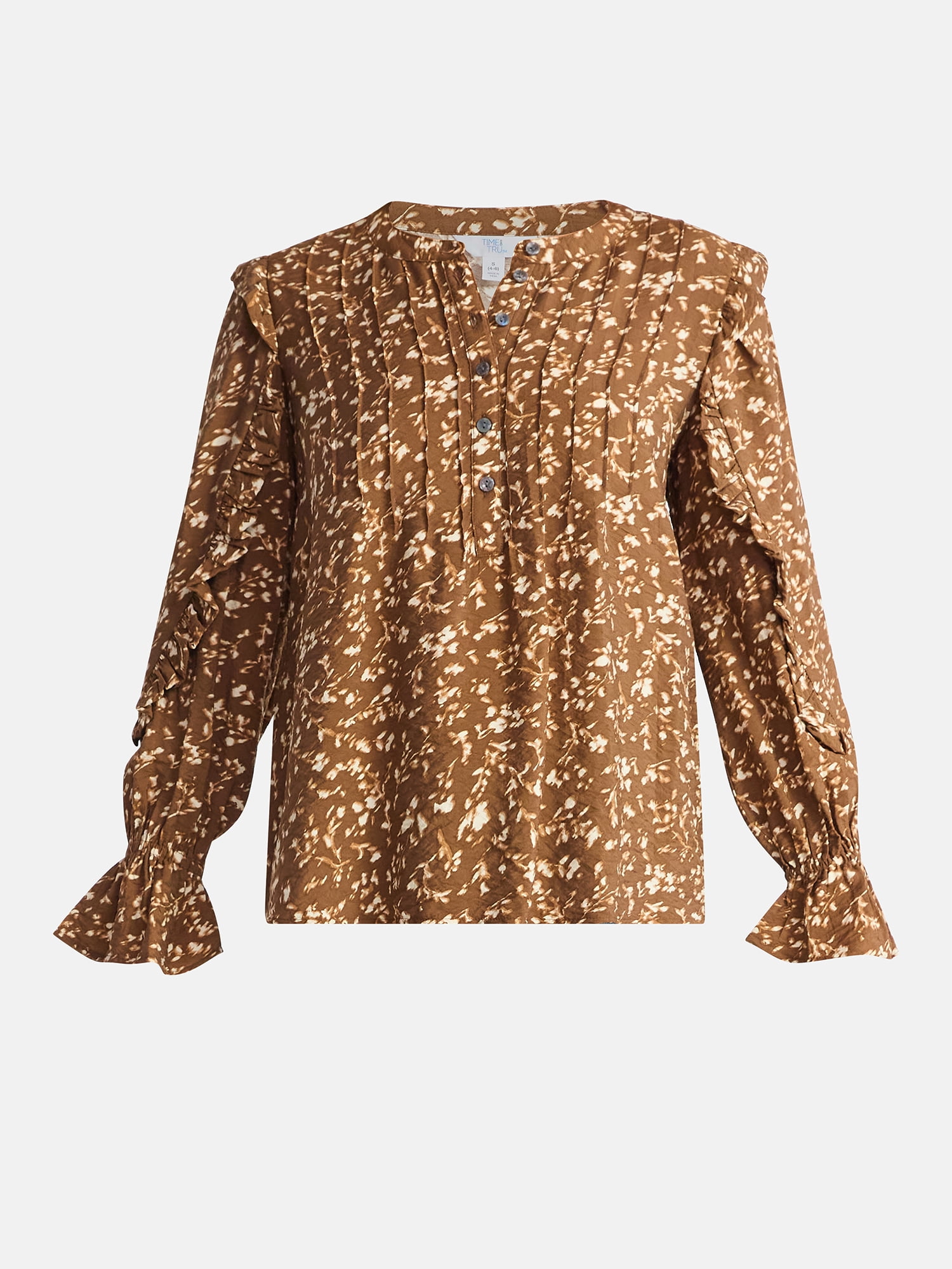 Time and Tru Women's Pintuck Ruffle Blouse with Long Sleeves, Sizes XS – XXXL