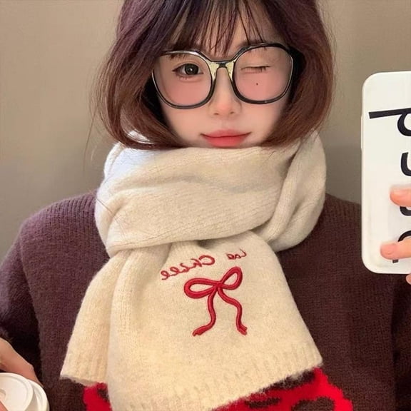 Winter Wool Scarf Solid Color Bow Embroidered Couple Scarf Thicken Warm Knitted Scarves Fashion Boy Girl Neckerchief