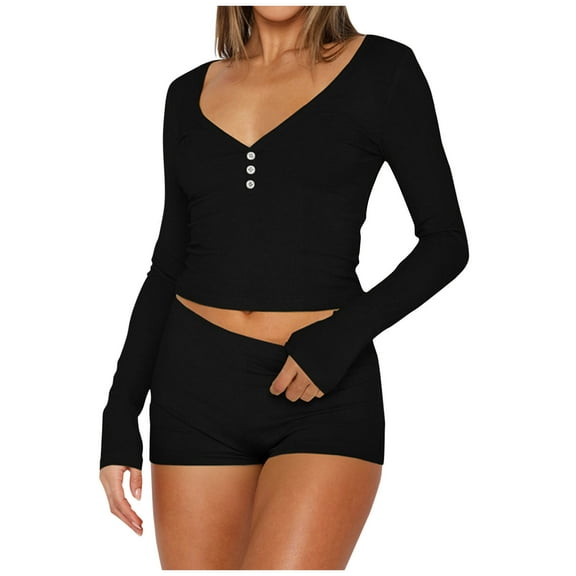 Scyoekwg Womens 2 Piece Outfit Set Casual Fashion Loose Comfortable Solid Color Button Slim V-Neck Long Sleeve Tops Shorts Casual Outfits Fall Outfits Matching Sets (Black,L)