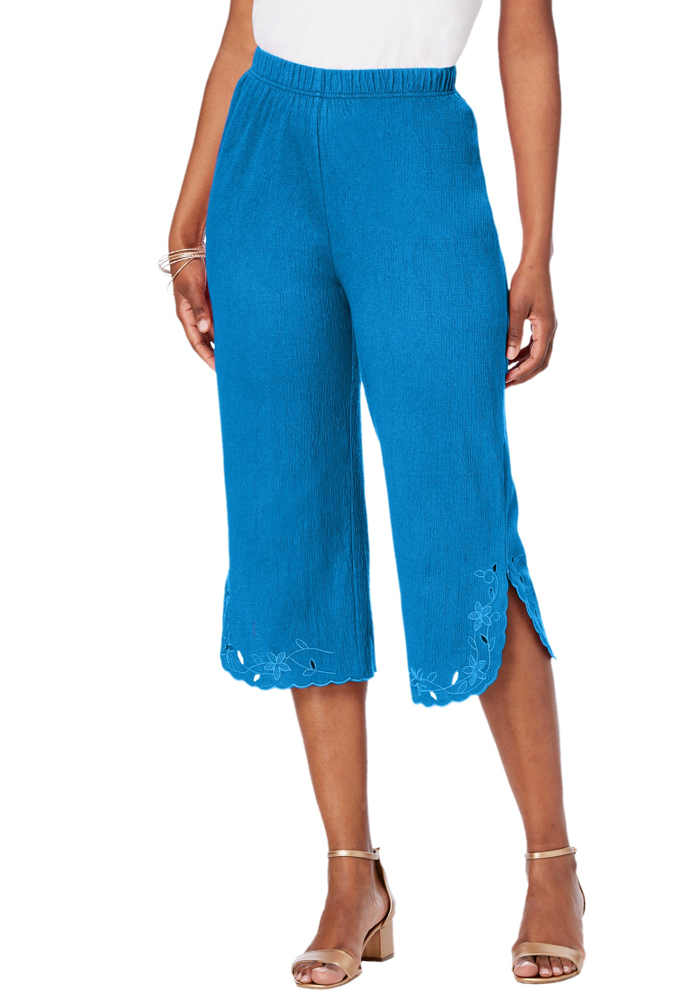 Roaman's Women's Plus Size CrinkleKnit Gauze Eyelet Capri