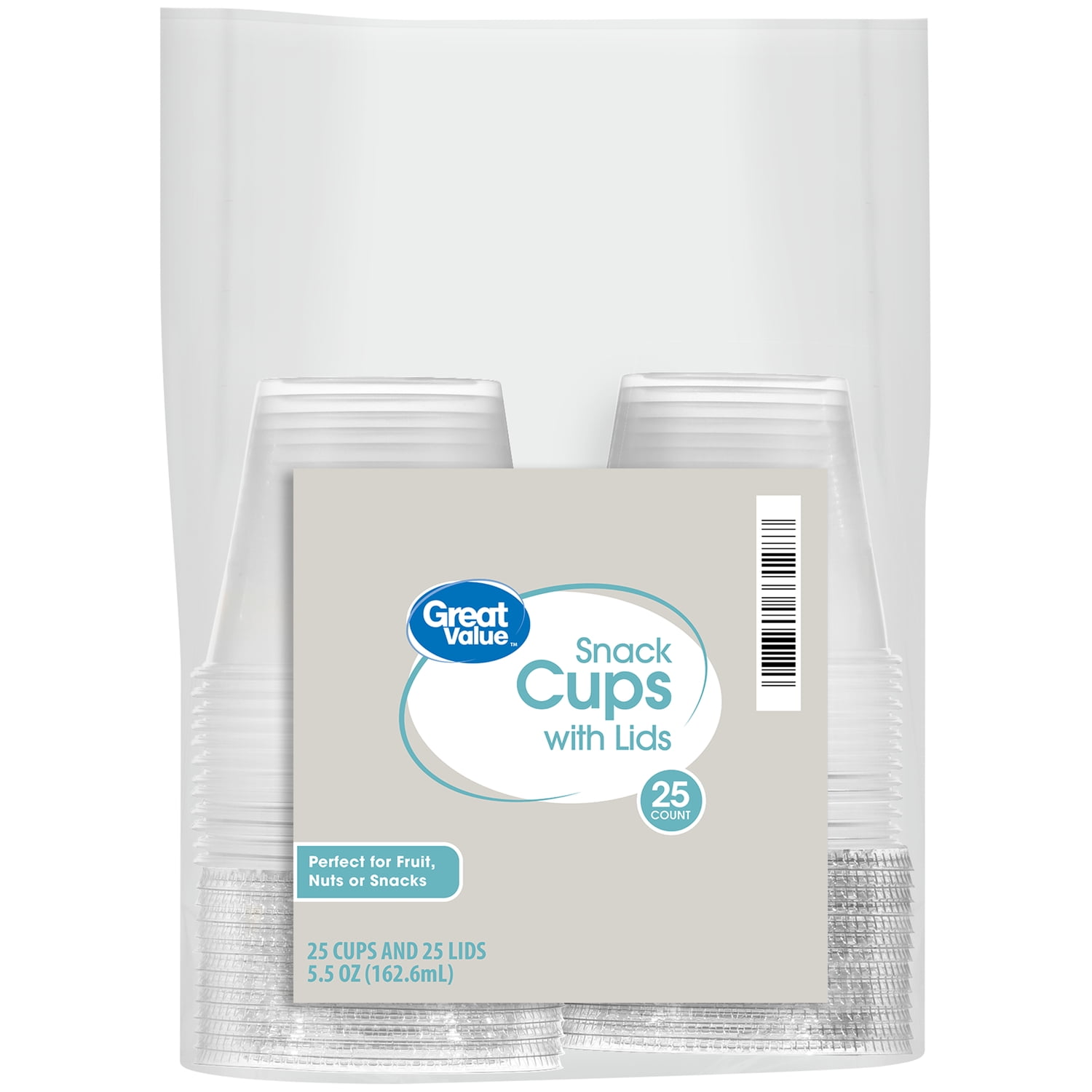 Great Value Snack Cups with Lids, 5.5 oz, 25 Count
