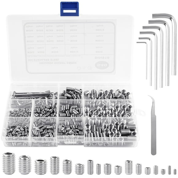 540pcs grub screws, 17 Metric Sizes M2/3/4/5/6/8 Internal Hex Drive Cup-Point Screws Assortment Kit, Stainless Steel Grub Screws Set with 6pcs Hex Wrenches for Door Handles, Light Fixtures, Faucets