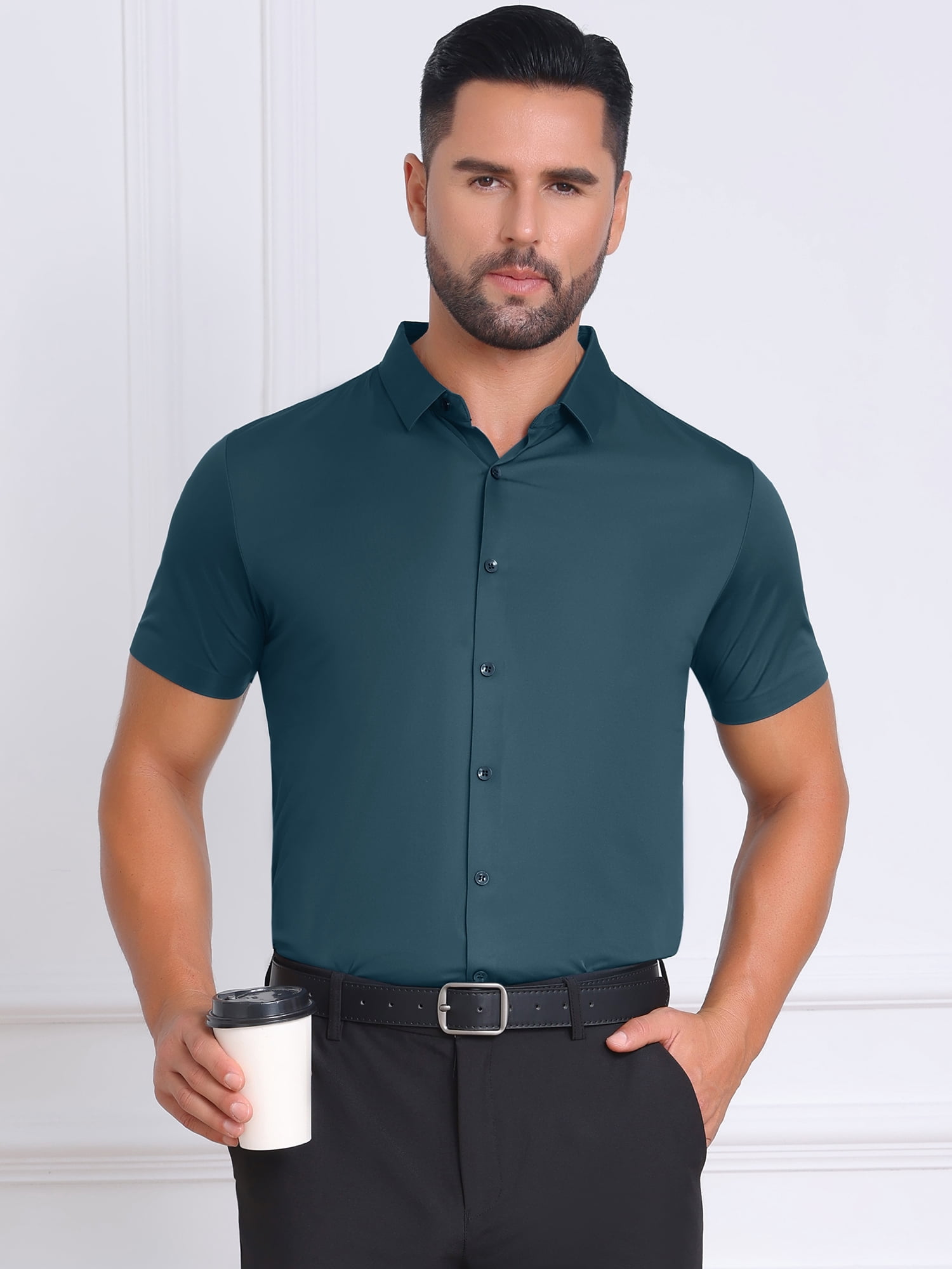 DARING DIVA Men's Button Down Point Collar Short Sleeve Business Dress Shirt M Green