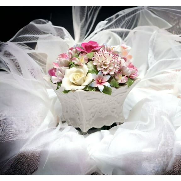 Edelweiss Music Box Ceramic Flower Bouquet with God Loves You Pendant 5.5"x5"