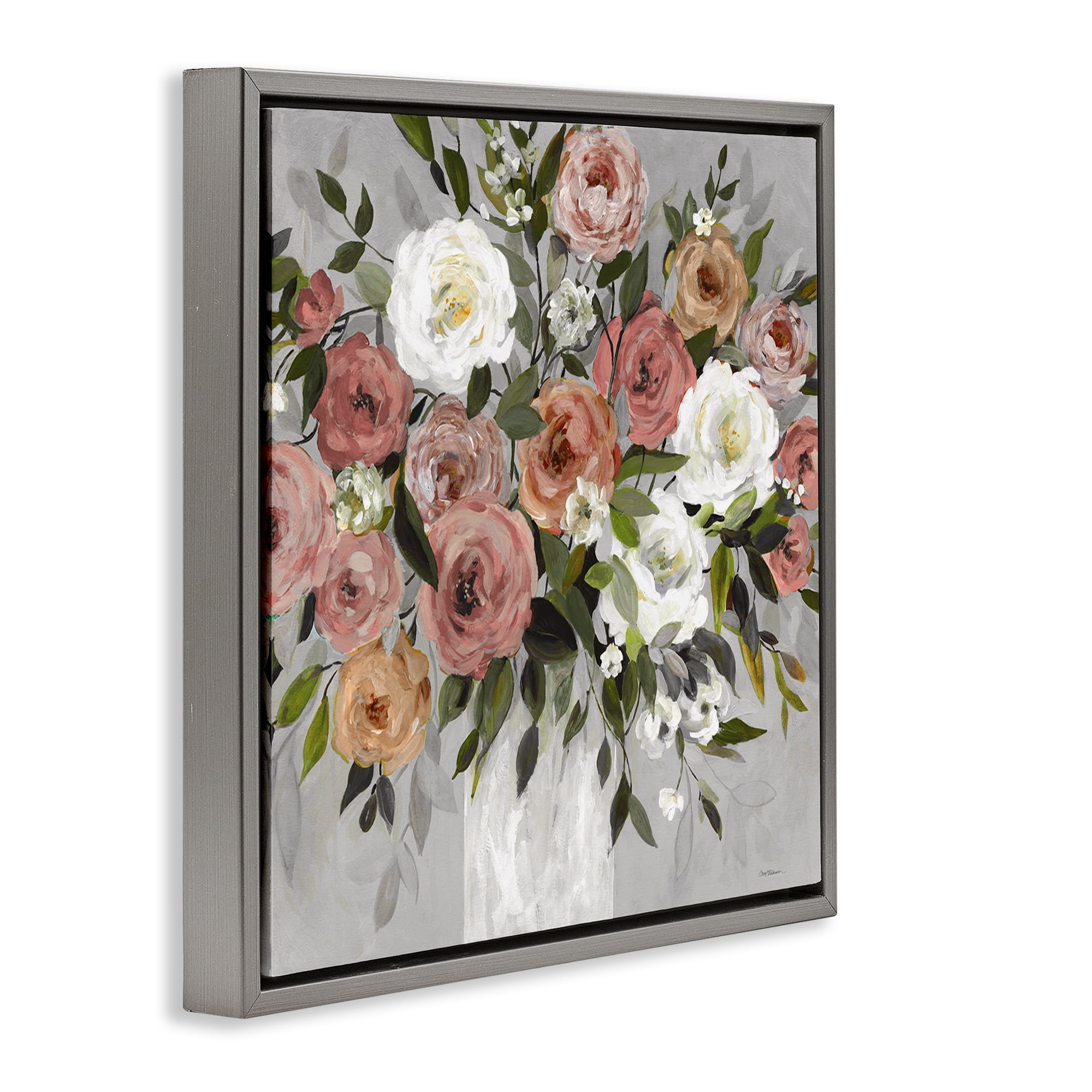 Stupell Industries Varied Roses Bouquet Plants & Flowers Painting Gray Floater Framed Canvas Art Print Wall Art, 18 x 18