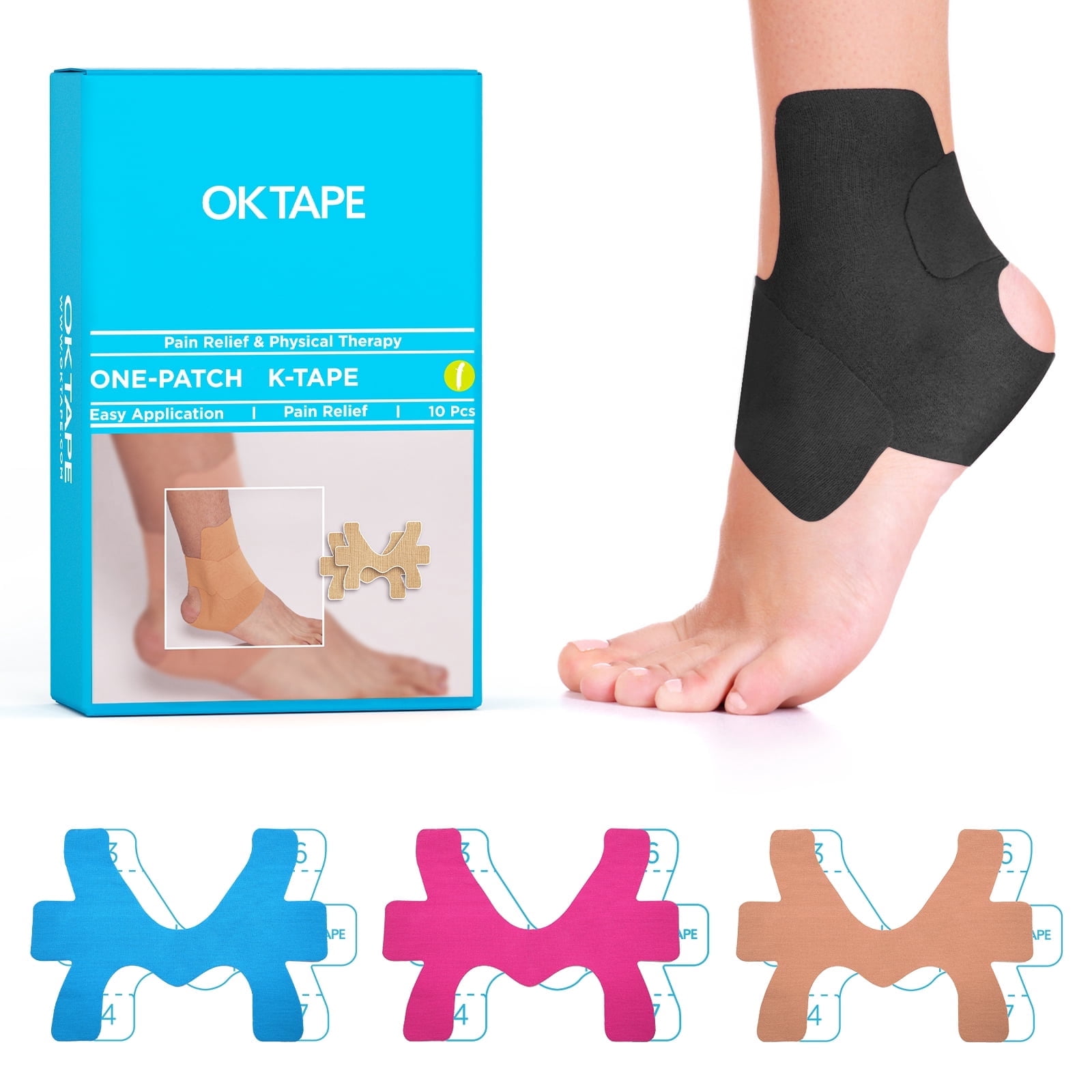 OK TAPE Precut Kinesiology Ankle Tape, 10 Pcs, Pain Relief, Prevent Ankle Sprain, Provide Support for Ankle Ligament, Elastic Athletic Tape, Breathable K Tape for Daily use - Black