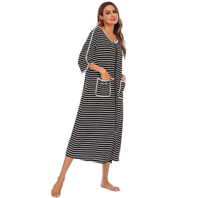 Chemise de Nuit Rayée Confortable et Décontractée à Manches Trois-Quarts Grande Taille (Noir, TG)
