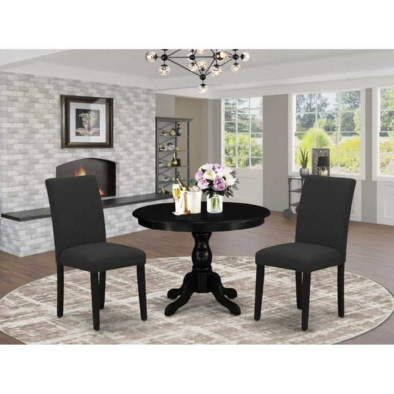 East West Furniture HBAB3-ABK-24 3 Piece Kitchen Table Set - Black Dinner Table and 2 Black Linen Fabric Parsons Dining Chairs with High Back - Wire Brushed Black Finish