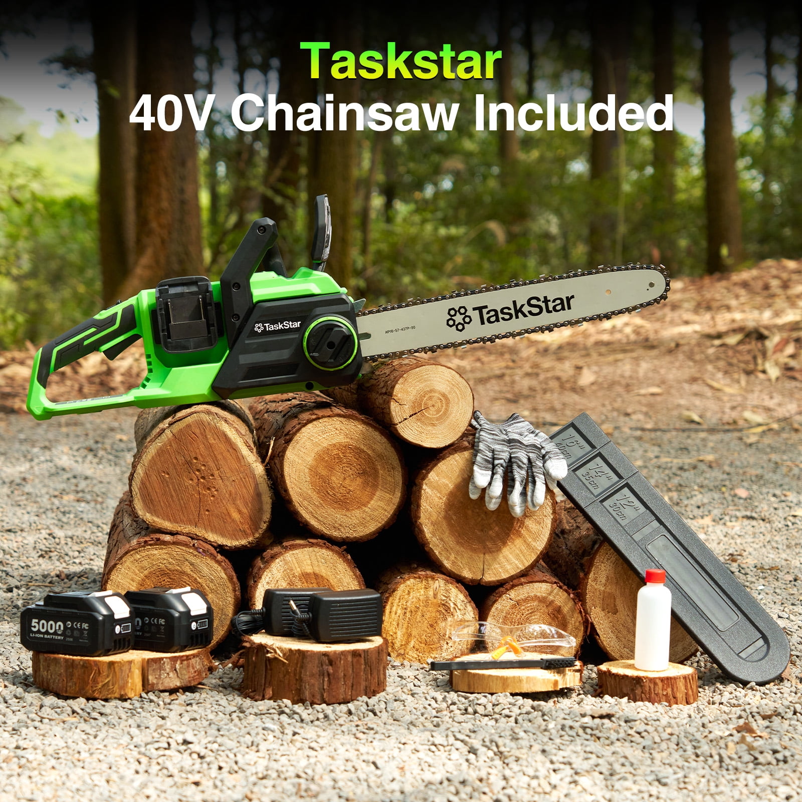 TaskStar 40V 16In Cordless Chainsaw Brushless Electric  Pruning Saws , 2×5.0Ah Batteries & Charger,Auto Oiling, for Tree Trimming Wood Cutting