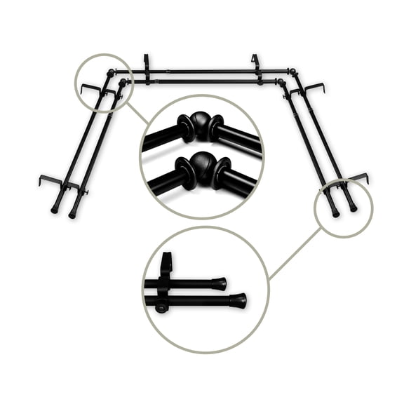 Basic 5/8 inch Double Bay Curtain Rod 20"-36", 38"-72" - Black