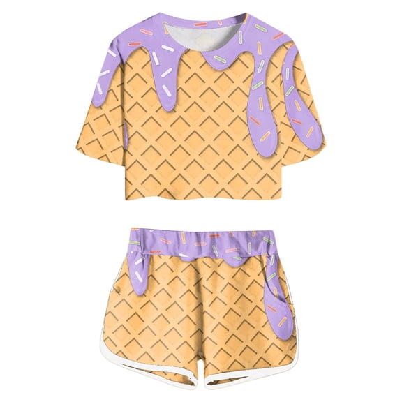 Girls Sporty Outfit Sets Short Sleeve T Shirt Shorts Printed Play Girls Spring Clothes,Purple,Size 6 -7 Years