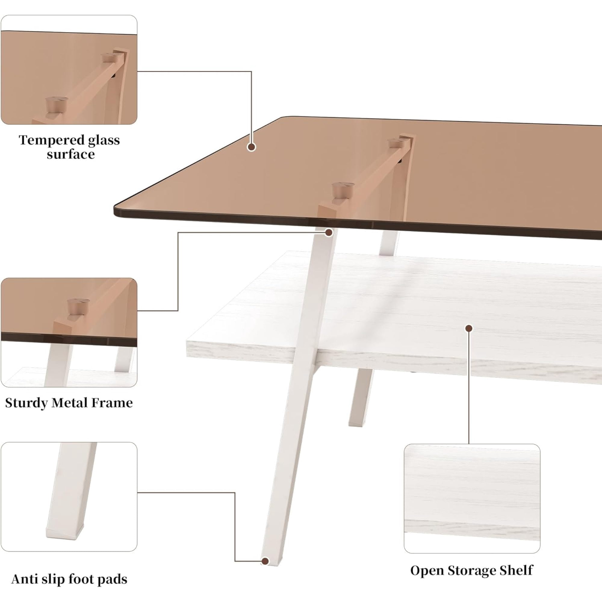 BJSN Glass Coffee Table for Living Room Small Gold Mid Century Coffee Table for Living Room with Wood Shelves (Black Frame, Transparent Glass   Brown Wood),Brown Glass   White Wood