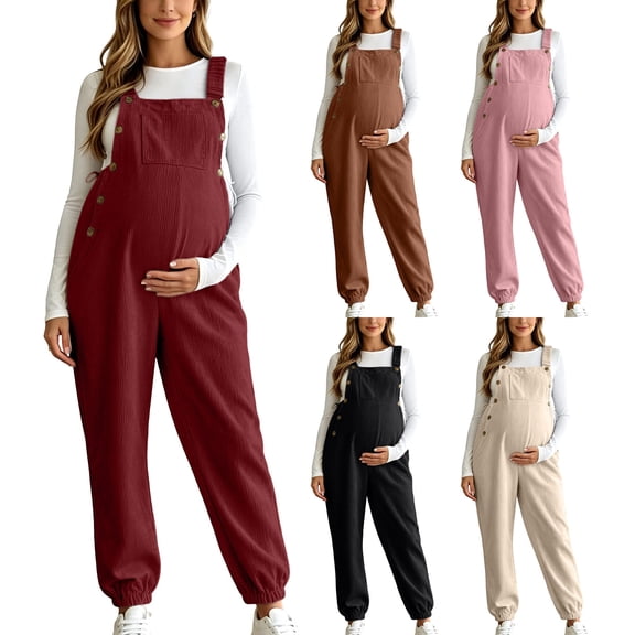 Women's Maternity Corduroy Sleeveless Overalls Fall Adjustable Strap Cuffed Ankle Fashion Casual Pregnancy Jumpsuit S-XXL