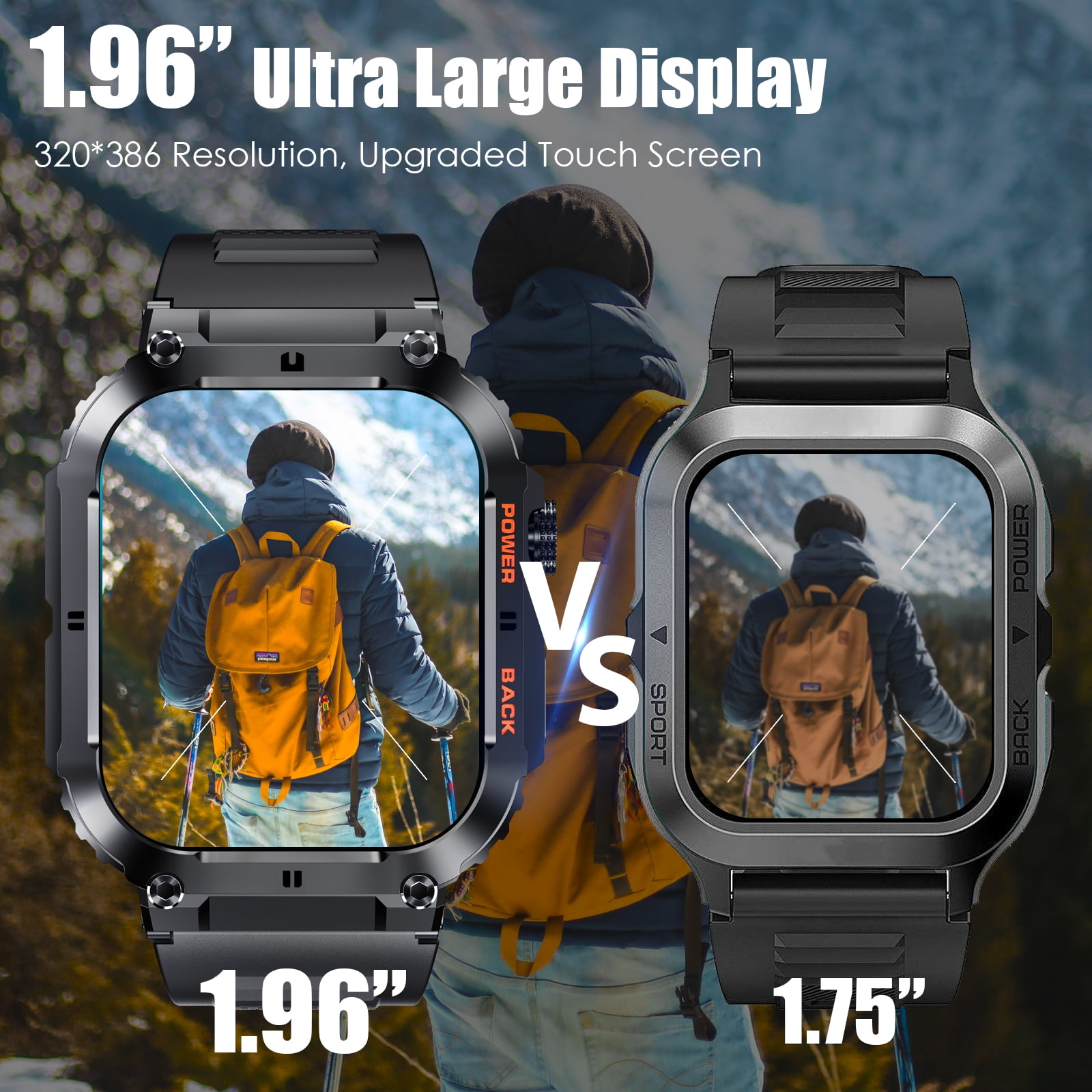 EIGIIS Smart Watch for Men 1.96" HD Big Screen Rugged Outdoor Waterproof Sports Watch Weather Step Counter Fitness Tracker Smartwatch for iOS Android Phones