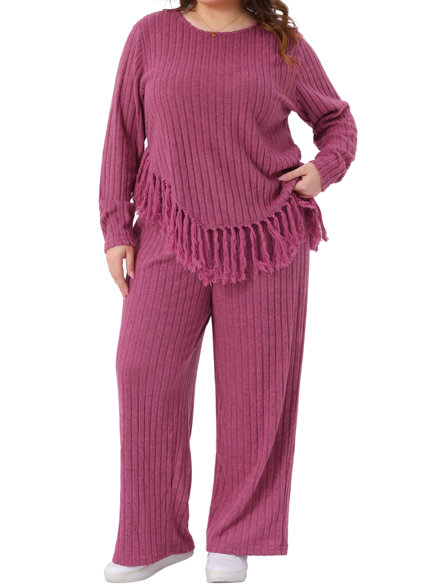 DARING DIVA Women's Plus 2 Pieces Lounge Set Crew Neck Long Sleeve Rose Red 2X