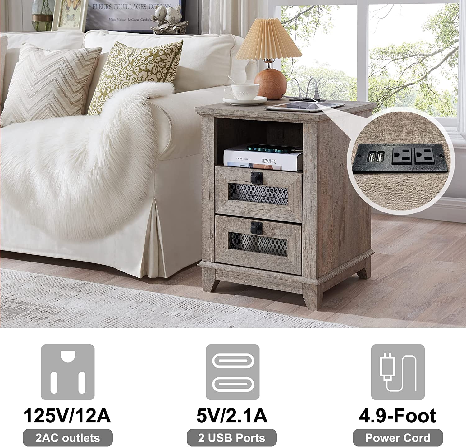OKD 2-Drawer Wooden Nightstand with Charging Station for Living Room, Modern Square End Table, Light Rustic Oak