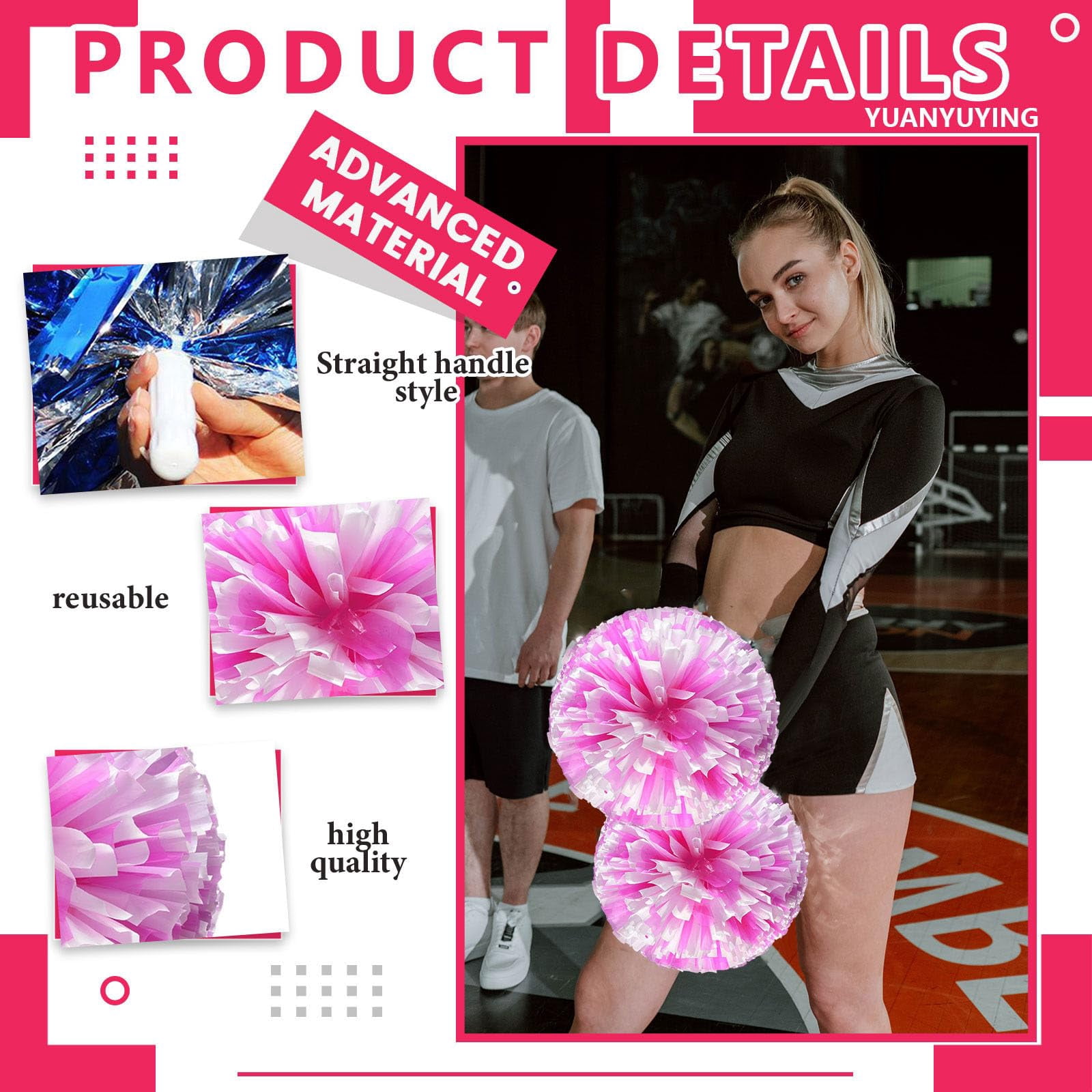 8 Pcs Cheerleading Pom Poms, Cheerleader Pompoms with Straight Handle Style,Fit for Team Spirit Sports Dance Cheering