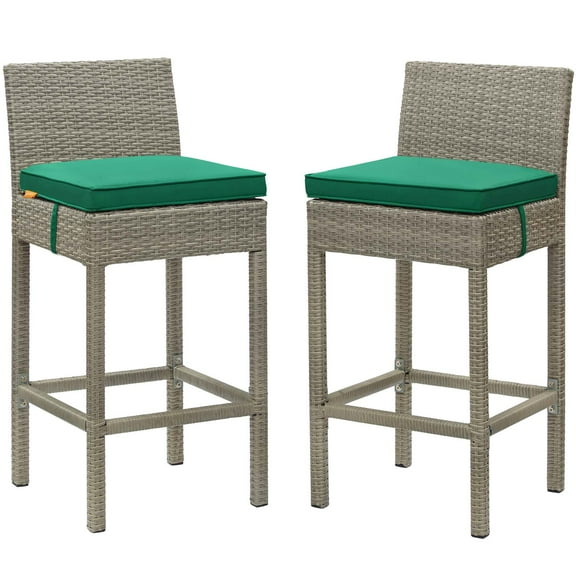 Contemporary Modern Urban Designer Outdoor Patio Balcony Garden Furniture Bar Side Stool Chair, Set of Two, Fabric Rattan Wicker, Green