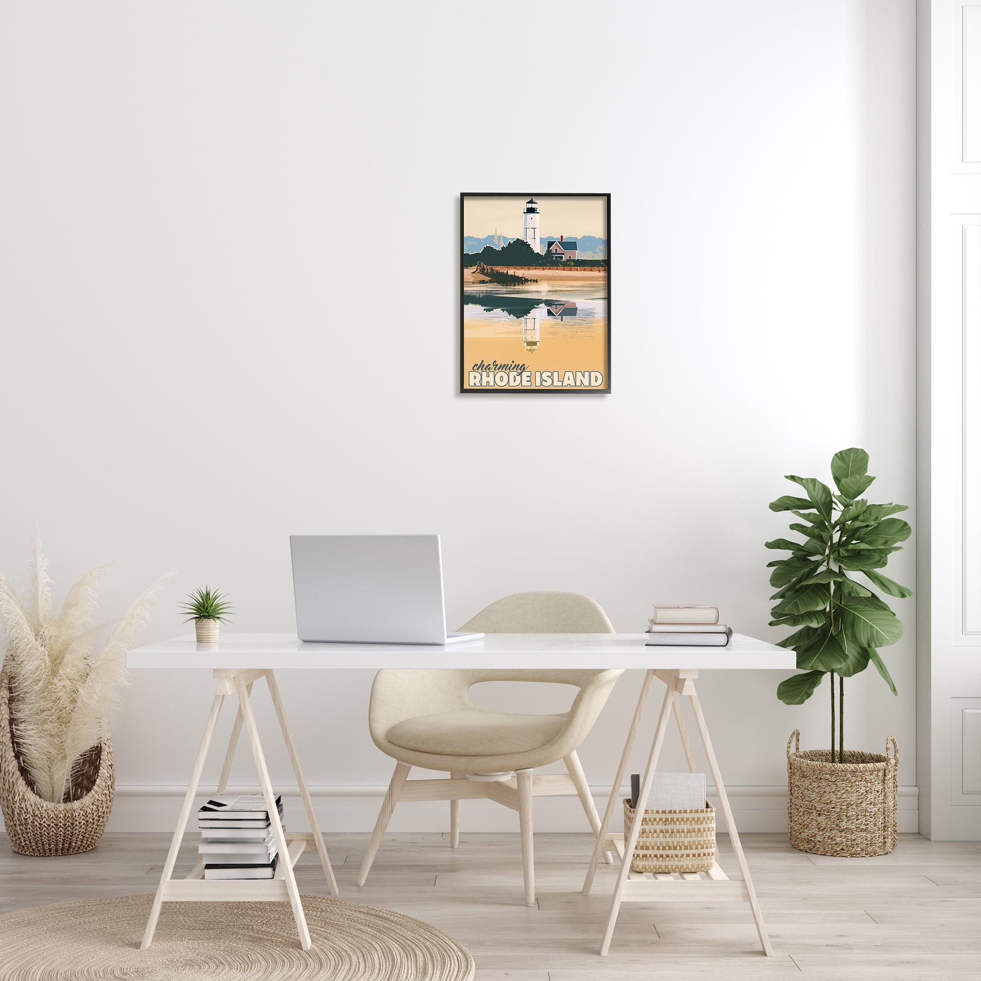 Stupell Industries Travel Charming Rhode Island Seaside Lighthouse Beacon Graphic Art Black Framed Art Print Wall Art, Design by David Owens Illustration