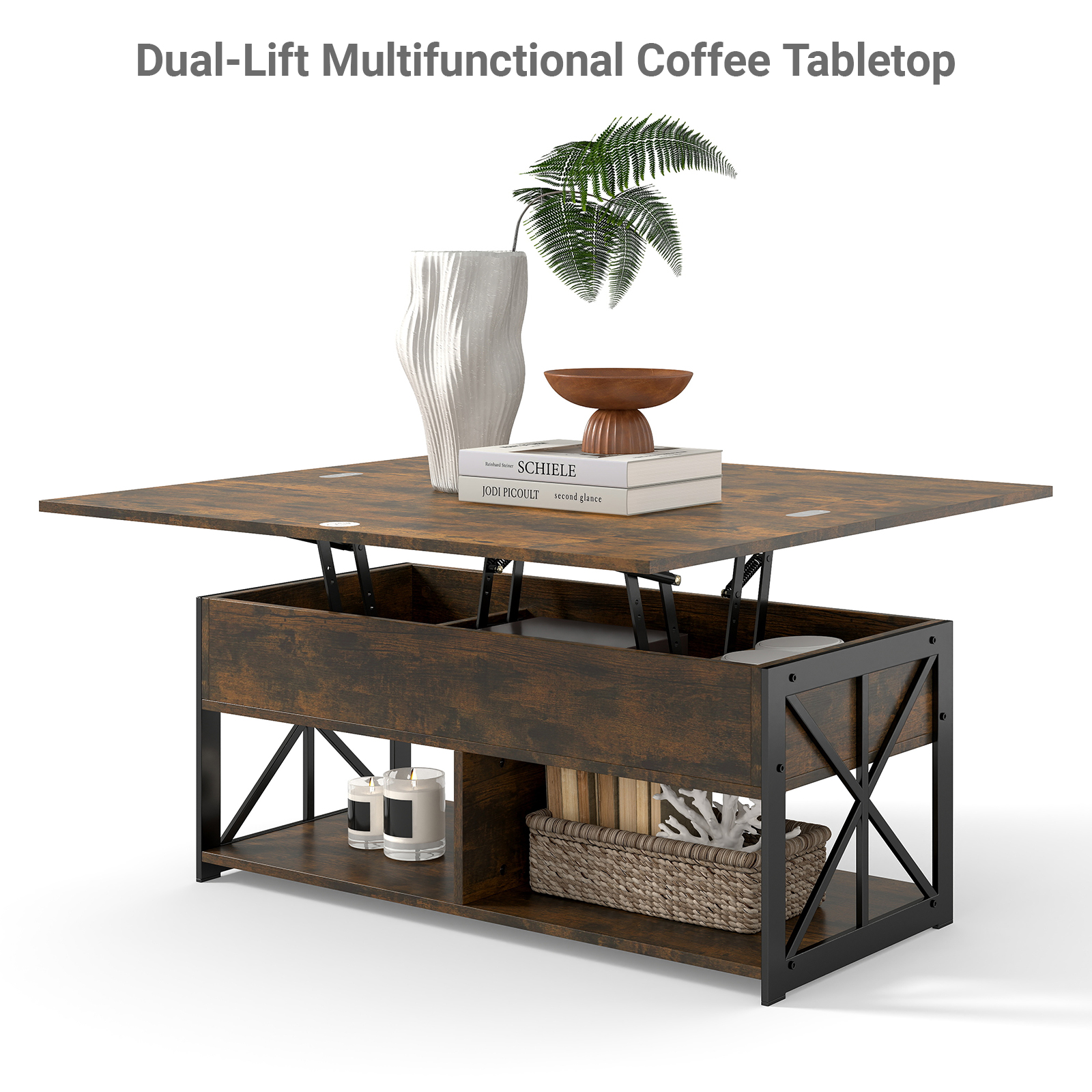 Manora Lift Top Coffee Table, Wooden Convertible Coffee Table with Storage for Living Room&Dining Room,Brown