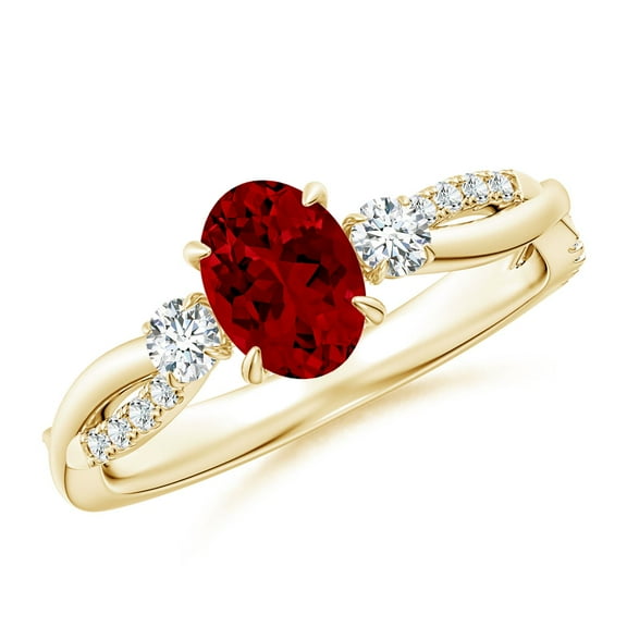ANGARA Lab Grown 1 Ct Three Stone Oval Ruby & Diamond Engagement Ring for Women in 14K Yellow Gold (Size-7x5mm) | July Birthstone, Birthday, Anniversary, Jewelry Gift for Women | Lab-Grown Ruby Ring