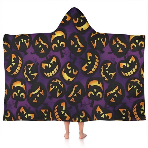 Jack Olantern Halloween Pattern Hooded Bath Towel,50"x30" for Ages 3 To 12 Kids, Quick Dry Lightweight Soft Microfiber Hood Beach Towel Cover Up for Kids