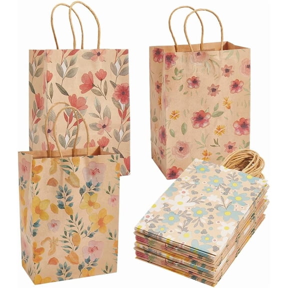 16Pcs 4 Styles Floral Gift Bags with Handles 8.3x5.9x3.2 Inch Kraft Paper Flower Wildfloral Bags for Wedding Birthday Themed Party Favor Colorful DIY