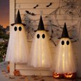 thumbnail image 4 of Cififendec Halloween Light Up Fabric Ghost Hanging Ornament, Double Layer Tulle Ghost with Witch Hat for Porch Eave and Fireplace Mantel Decor, 21.65", 4 of 9