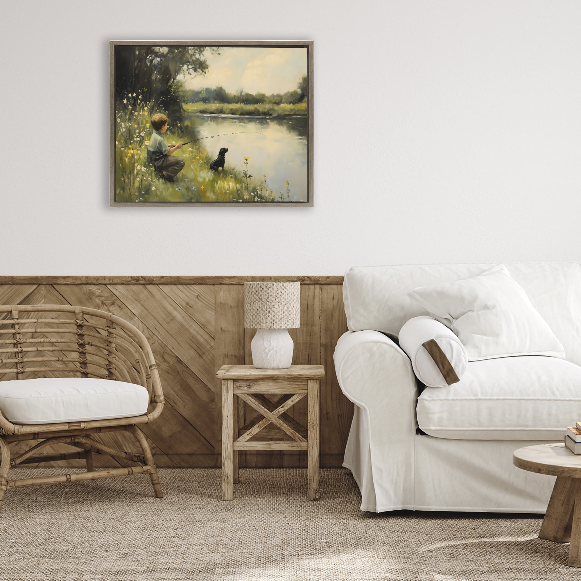 Boy & Puppy Fishing Brown Framed Floater Canvas Wall Art, design by Arlington Prints