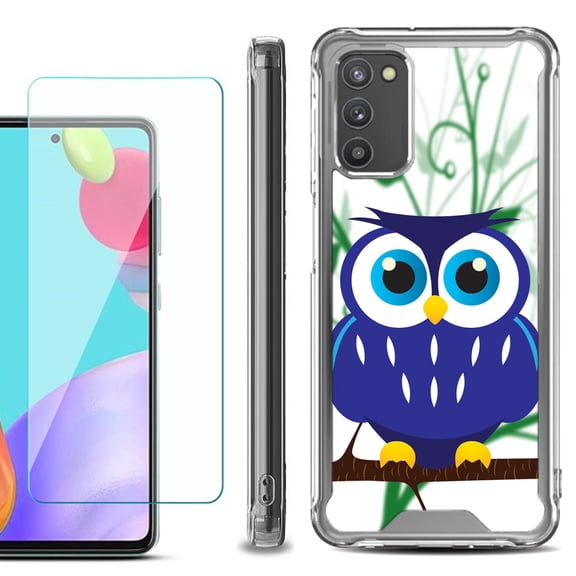 Shockproof Bumper Phone Case for Samsung Galaxy A02s, with Tempered Glass Screen Protector, by OneToughShield ® - Blue Owl