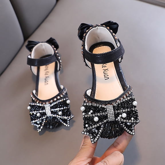 YMNXA Children Baby Girls Sandals Pearl Rhinestones Shining Soft Sole Flat Sole Non Closed Toe Comfortable Fashion Performance Dance Shoes For Party Wedding,Black,6-12 Months