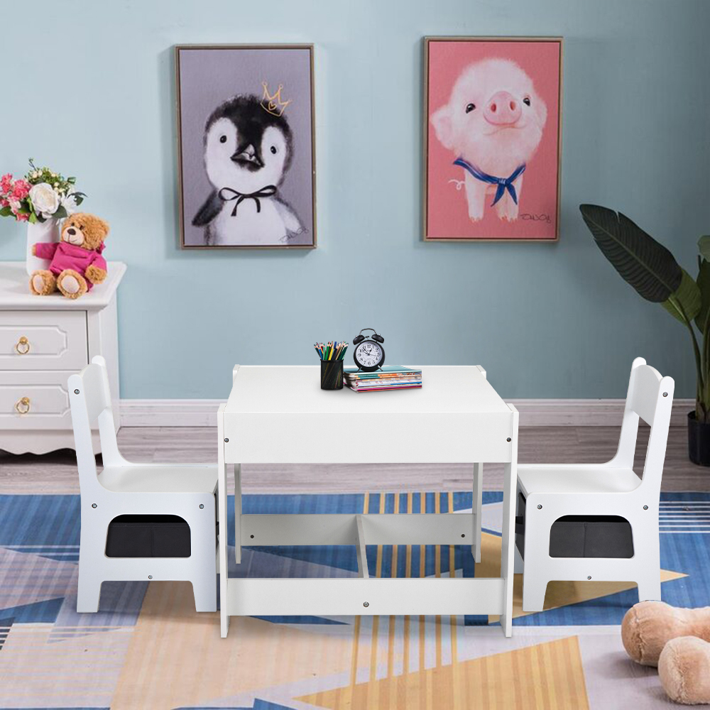 SESSLIFE Kids Wood Table and 2 Chairs, Kids Table with Blackboard, 2
