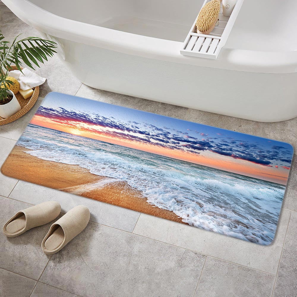 Ocean Bathroom Rugs, Sand Beach Waves Sunrise Lanikai Theme Colorful Offshore Pacific Scenry Non-Slip Bath Rugs, Bathroom Rug Mat 17X48inch, Extra Soft and Absorbent Bath Rugs