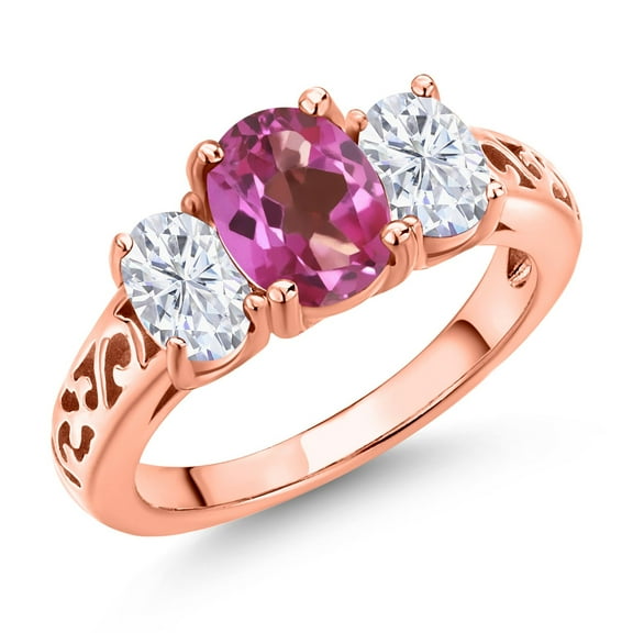 Gem Stone King 18K Rose Gold Plated Silver Pink Mystic Topaz and White Moissanite Filigree Style 3 Stone Ring for Women (2.30 Cttw, Oval 8X6MM and 6X4MM) (Size 7)