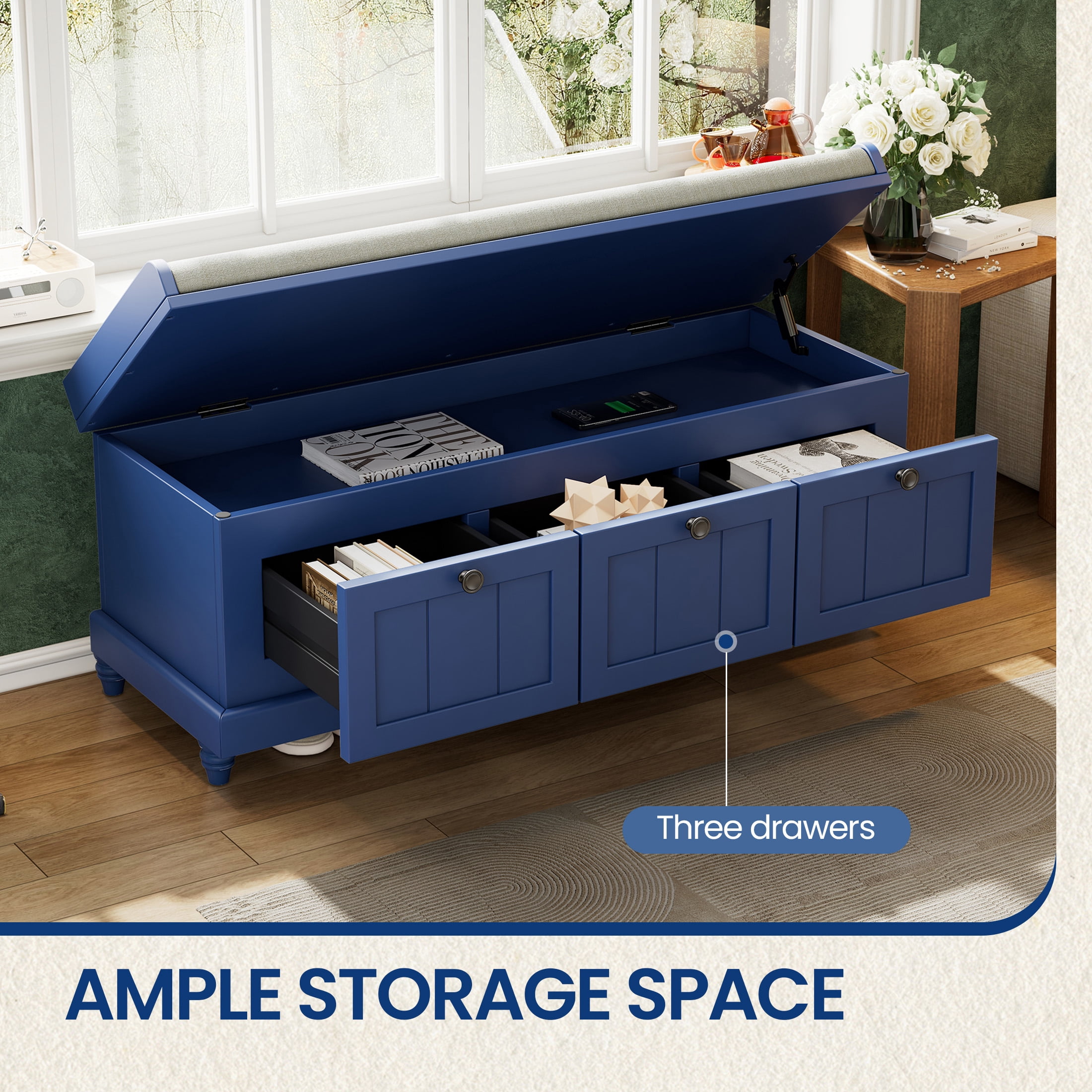 Aukfa Upholstered Storage Bench with 3 Drawers, Flip-Open Storage Box for Entryway, Hallway, Mudroom, Navy