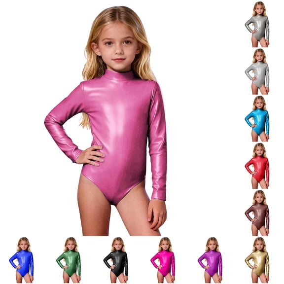 LIIPEE Girls Glitter Long Sleeve Jumpsuits High Neck Dance Performance Gymnastic Leotard 4-9 Years