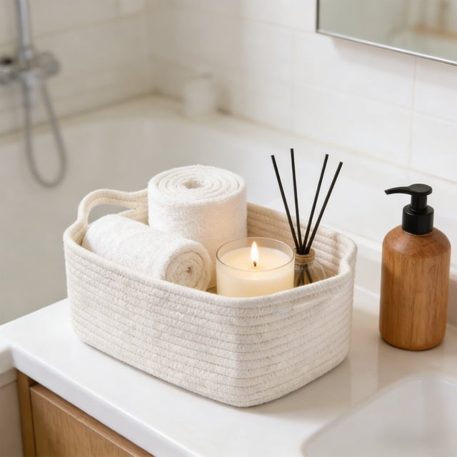 HaoXun 10L Rectangular Rope Storage Basket with Handles - 32.5x22.5x14cm Nylon Woven Organizer for Home Nursery