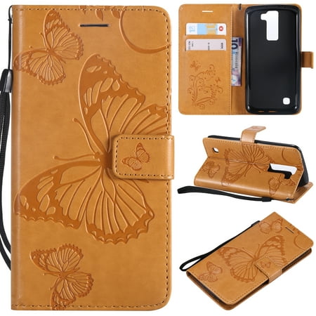 LG K8 K7 Wallet case, Allytech Retro Embossed Butterfly Flip Case Soft TPU Flower Inner Bumper Card Holder Wrist Strap Protective Phone Case for LG K7 / K8 / Escape 3 / Tribute 5 (MA1380), Yellow