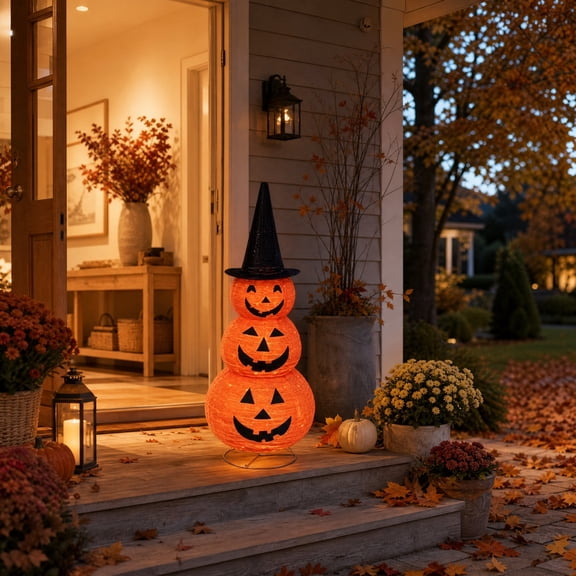 Halloween 3 Tier Stacked Lighted Fabric Pumpkin Decor with Witch Hat LED Orange Jack O Lantern Foldable Freestanding Ornament for Front Porch Yard Indoor Outdoor Party Decoration