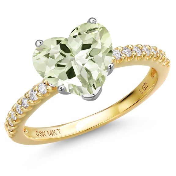Gem Stone King 14K Two Tone Gold Green Prasiolite and Lab Grown Diamond Engagement Ring for Women | 3.31 Cttw | Heart Shape 10MM | Gemstone Birthstone | Size 7