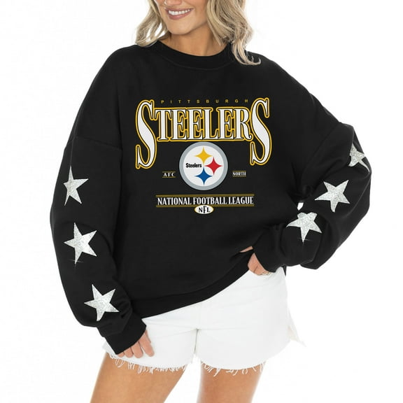 Women's Gameday Couture Black Pittsburgh Steelers Rhinestone Star Sleeve Settle the Score Oversized Tri-Blend Pullover