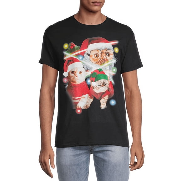 Men's Christmas Cat Crew Neck Short Sleeve Regular Fit Graphic T-Shirt