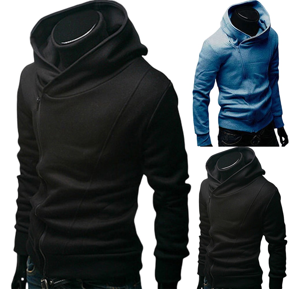 Mens Hoodies Zip Up Lightweight Slim Casual Diagonal Zipper Long Sleeve Hooded Pullover Sweatshirts Outwear Jacket Coats
