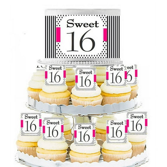 Sweet 16 Red Stripes and Polka Dot Edible Photo Toppers & Edible Cupcake Decoration Kit