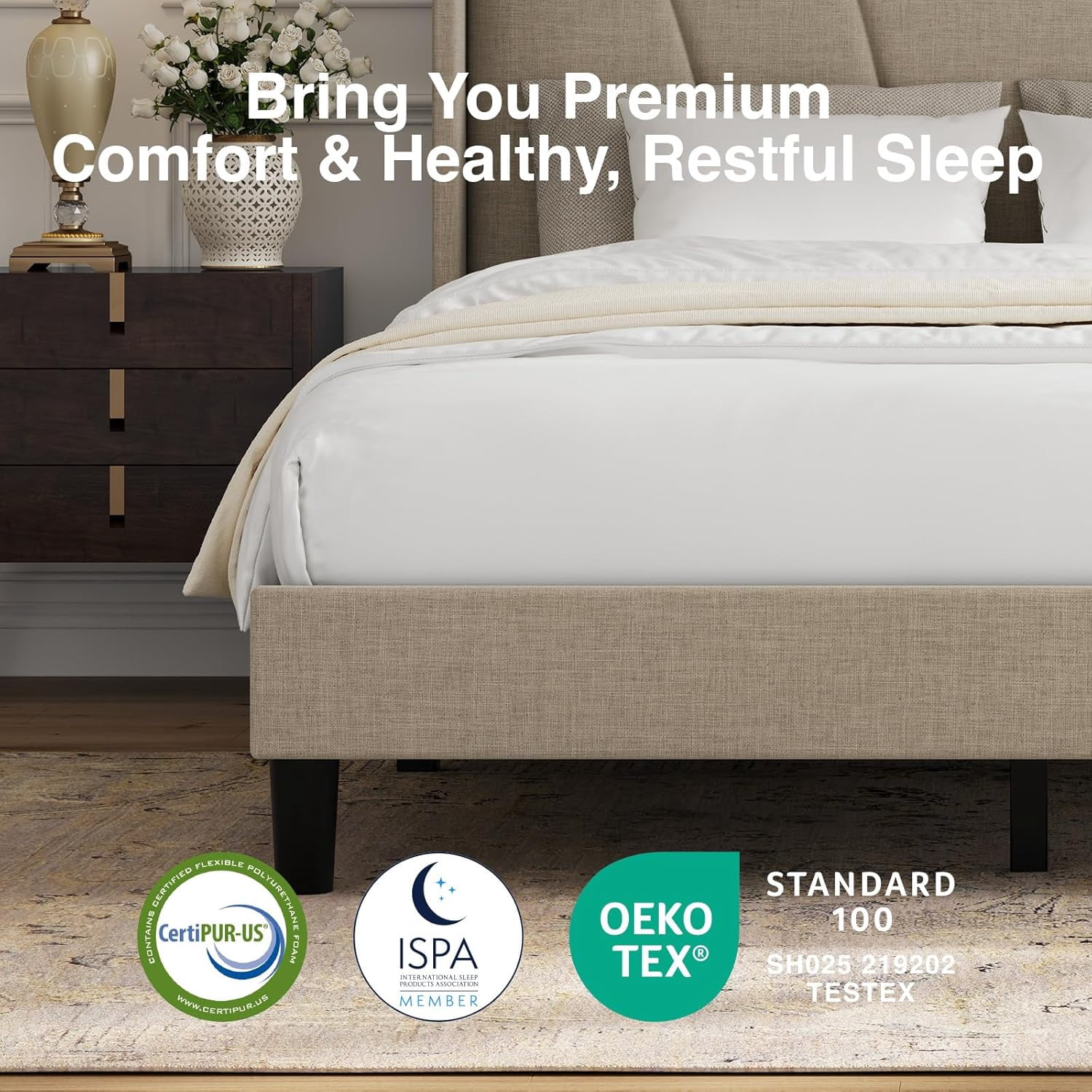 Novilla Full Size Bed Frame, Full Bed Frame with Headboard, Linen Upholstered Wing Side Headboard, No Box Spring Needed, Heavy Duty Feet, Easy Assembly, Beige